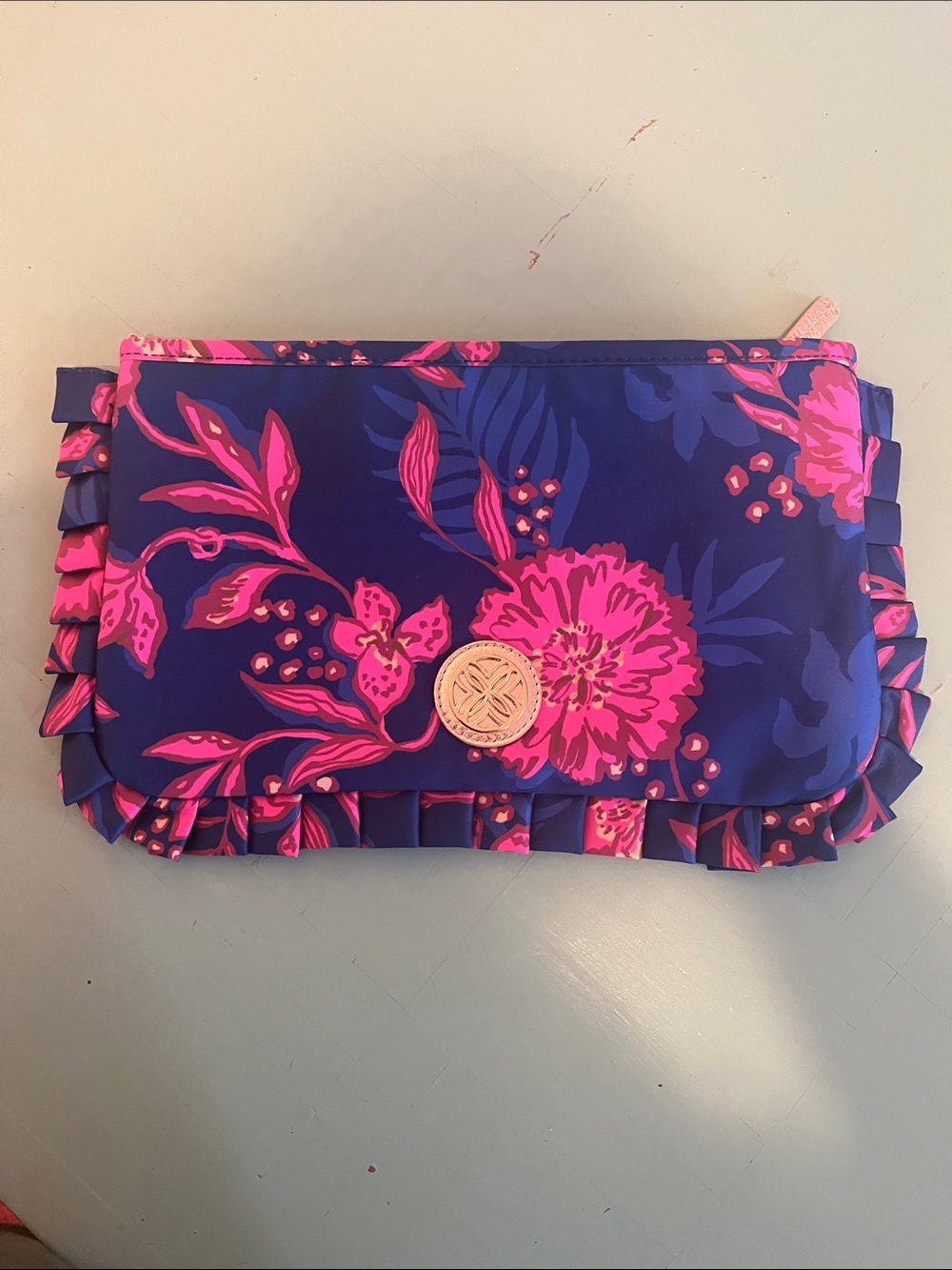 Lilly Pulitzer Navy Clutch with Hot Pink Floral Ruffle Trim
